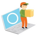 Delivery man holds boxes with parcel. A man delivers package. Order delivery of product online.